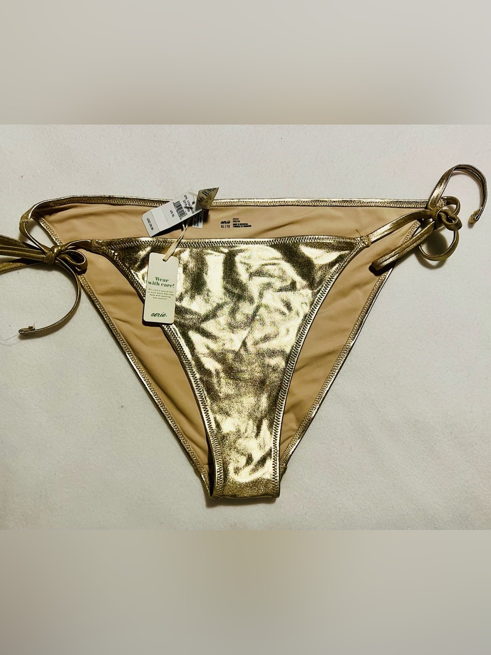 NWT aerie Metallic Gold Tie-Side Bikini Bottoms Size XL